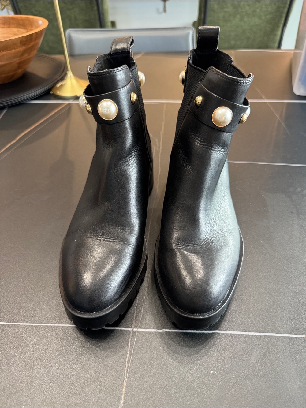 Karl Lagerfeld Black Leather Ankle Boots with Pearl Studs - Picture 2 of 8